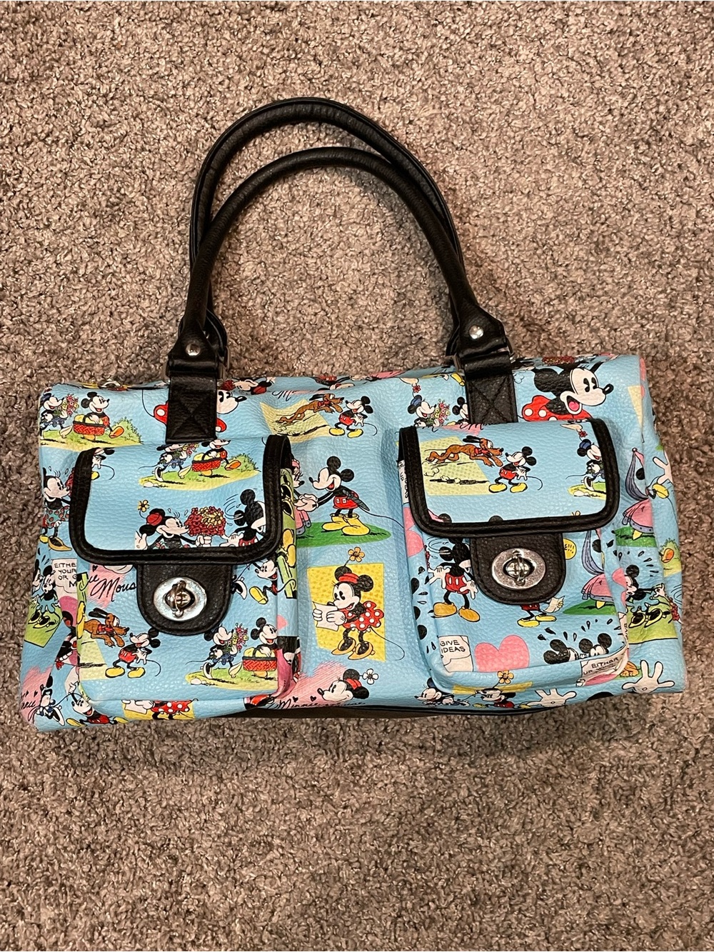 Light Blue Disney Cartoon Print Satchel Shoulder Bag with Black Handles
